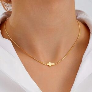 Cross Necklace for Women, Small 14K Gold Plated Pendant Gold-Sideways